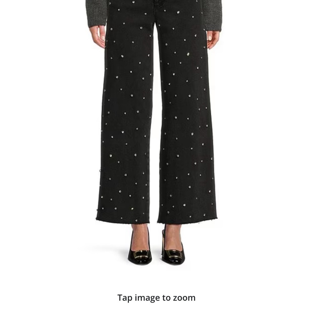 Elegant rhinestones Black Wide-Leg Pants with Polka Dot Pattern
